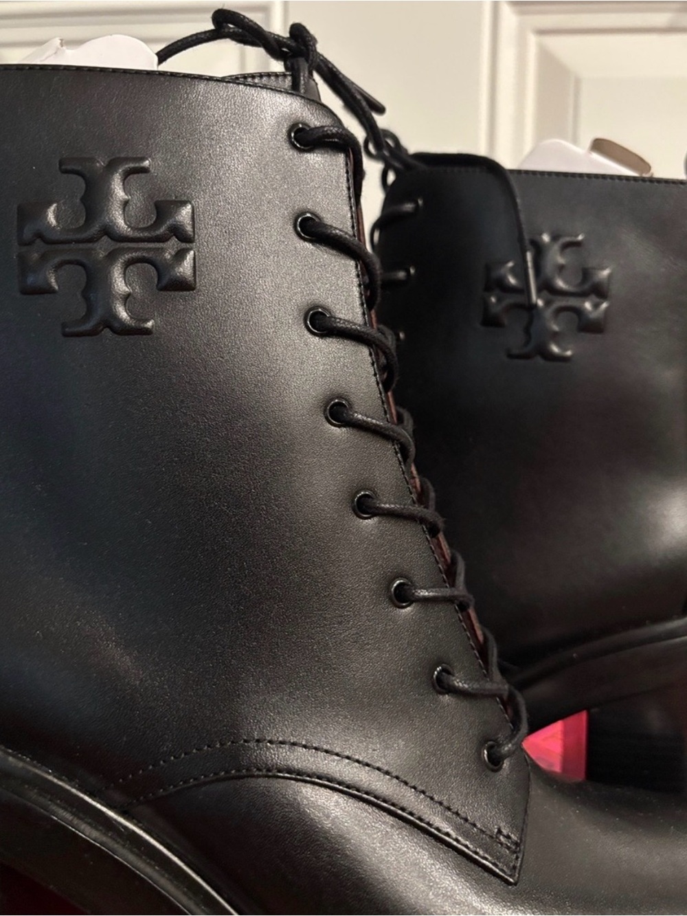 Tory Burch Black Leather Lace-Up Lug Heel Ankle Boots